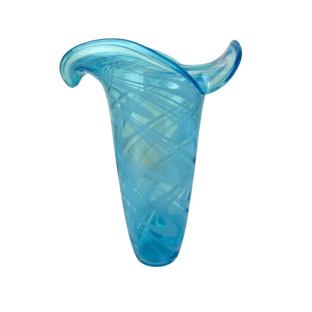 Blown Glass Art Fluted Aqua Blue & White Swirled Vase Home Decor 11.25